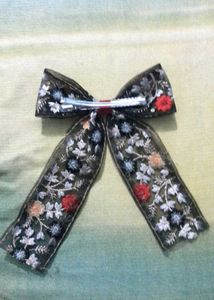 Embroidered Floral Bow Hair Clip