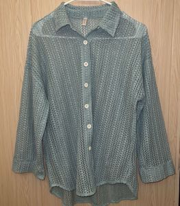 Mint Blue Crochet Button-Up Shirt