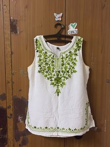 White Kurta with Green Embroidery