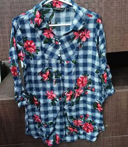Blue Check Floral Top