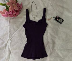 Ribbed Square Purple Neck Tank Top