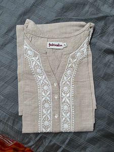Fabindia Beige Cotton Embroidered Straight Kurti