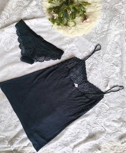Elegant Navy Lace Chemise &amp; Panty Set
