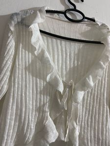 white ruffle top cardigan°•^`