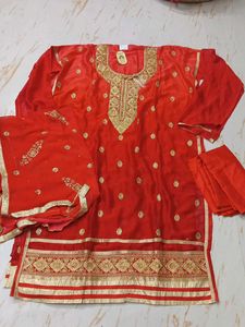 Red &amp; Gold Embroidered  dress material