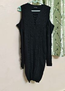 Black Cold Shoulder Lace-Up Knit Dress