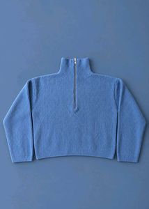 BLUE RIBBED HALF-ZIP MOCK NECK SWEATER