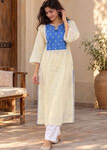 Stylish Cream &amp; Blue Cotton Kurta hand painted