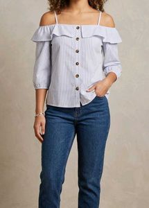 Cute Doll Collar Off-Shoulder Blue Striped Top