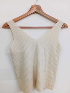 Cream Ribbed V-Neck Tank Top