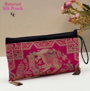 Vibrant Banarasi Silk Pouch with Elephant Motif