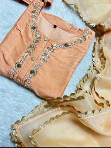 Embroidered Peach Kurta Set with Dupatta