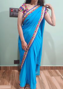 Blue Saree With Colorful Embroidery Blouse
