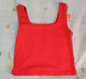 Ribbed Square Neck Red Tank Top