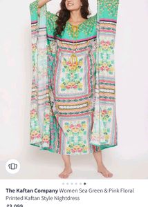 Women Sea Green And Pink Floral Printed Kaftan