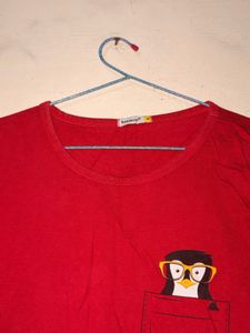 Red T-Shirt with Penguin Pocket Print