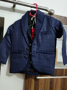 Boys Navy Blue Checkered Ethnic Suit