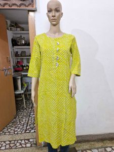 Lime Green Cotton Leheriya Kurti with Gota Patti (