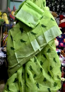 Light Green Silver Zari border Linen Saree 🌿