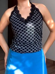 Black Lace Trim Print Halter Top