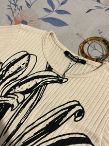 Cream Ribbed Top with Black Floral Print