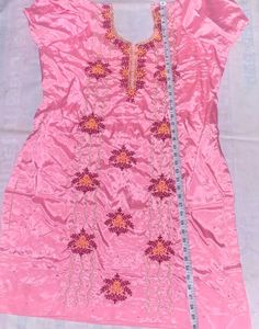 Women's Pink Embroidered Kurti with Maroon Satin