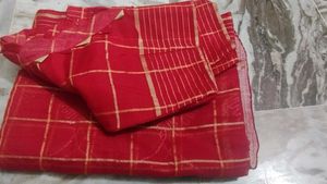 Red Checked Saree with Gold Details