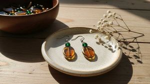 Unique Amber & Green Glass Drop Earrings