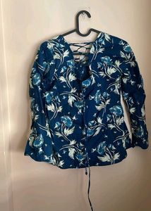 Blue Floral Print Bell Sleeve Top