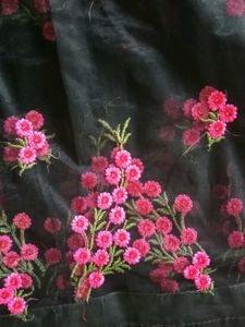 Elegant Black Saree with Pink Floral Print