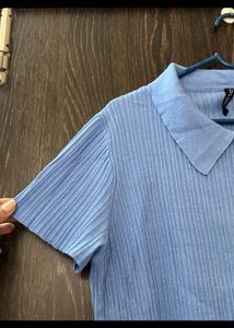 Light Blue Ribbed Collared Crop Top