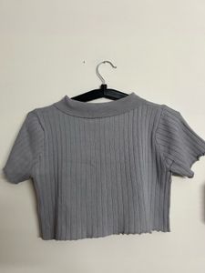 Grey Ribbed Cropped Polo Top with Daisy