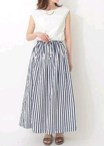 Korean White and Navy Blue Stripe Midi Dress