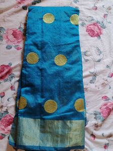 Teal Blue Saree with Gold Polka Dots