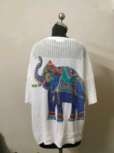 White Elephant Print Knit Top