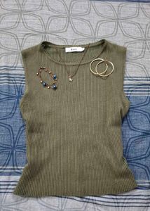 Olive Green Ribbed Sleeveless Knit Top | Basics