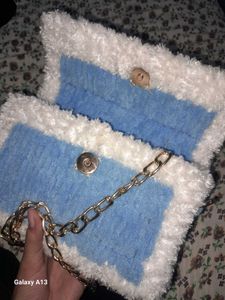 Blue &amp; White Striped Plush Chain Bag