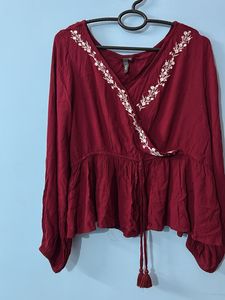 Westside Maroon Embroidered Peplum Top