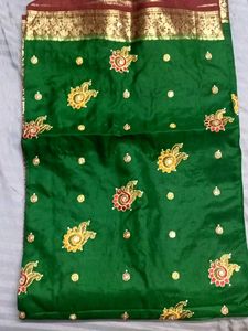 Beautiful Green Embroidered Silk Saree