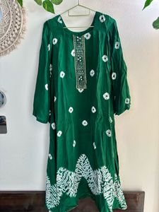 Bottle Green Bandhani Anarkali suit set &amp; palazzo