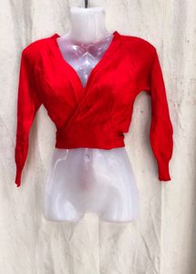 5278. V-Neck Red Wrap Crop Sweater
