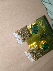 Green Lotus Jhumka Earrings with Pearls