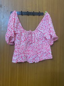 Floral Pink And White Crop Top Deep Neck And Back