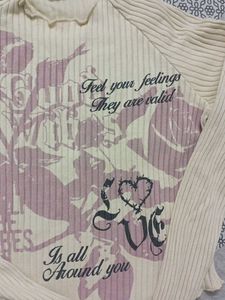 Cream Ribbed Long Sleeve Top with Floral Graphic