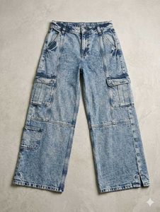 Acid Wash Wide Leg Cargo Jeans