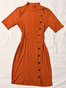 Max Rust Brown Ribbed Button-Up Dress