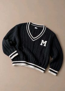 BLACK CABLE-KNIT VARSITY V-NECK SWEATER