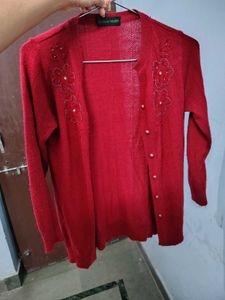 Fashion Thrill Red Floral Embellished Cardigan