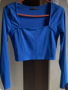 Ribbed Blue Square Neck Cropped Top