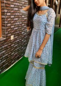 Blue Floral Print Sharara Suit